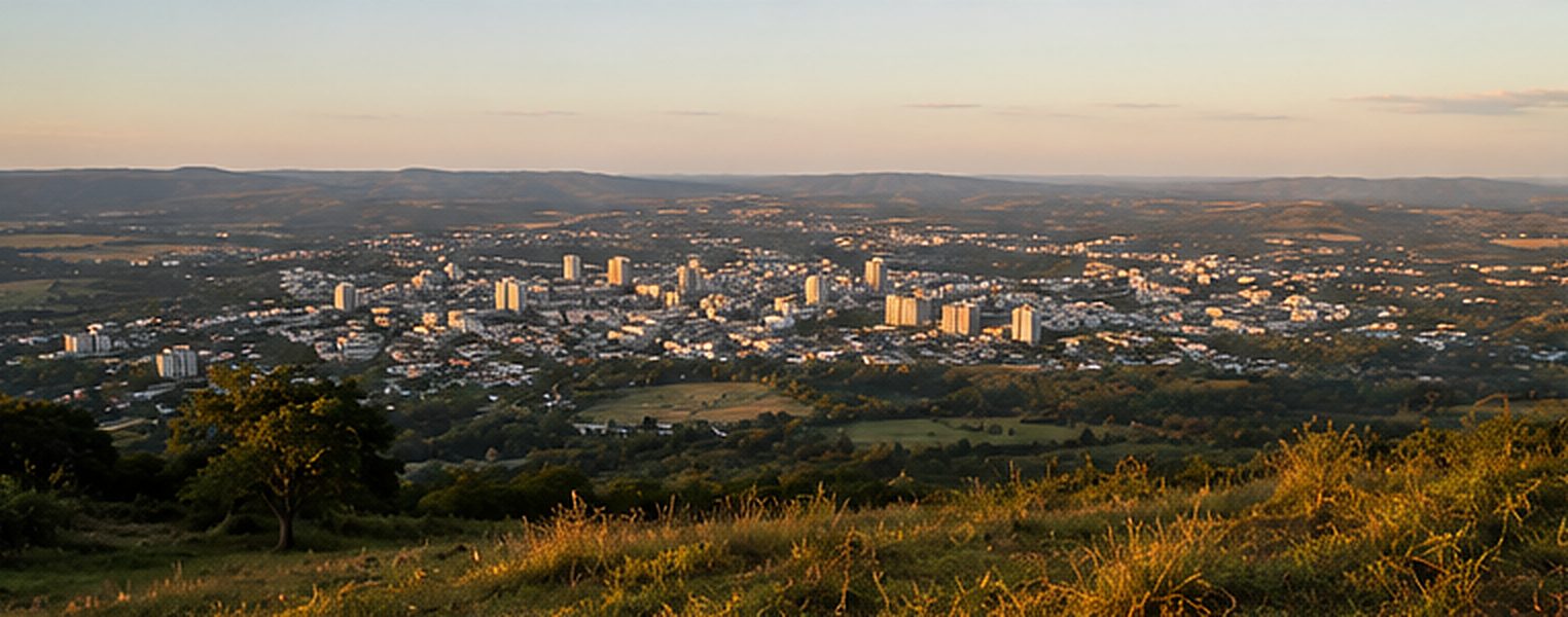 Vista de cidade média brasileira a partir de um ponto alto, com a franja urbana e a área rural ao fundo