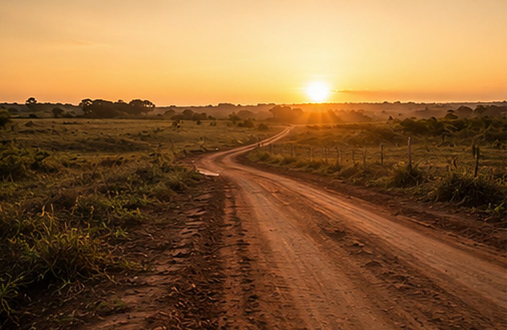 Estrada de terra cortando uma gleba aberta, com sol baixo